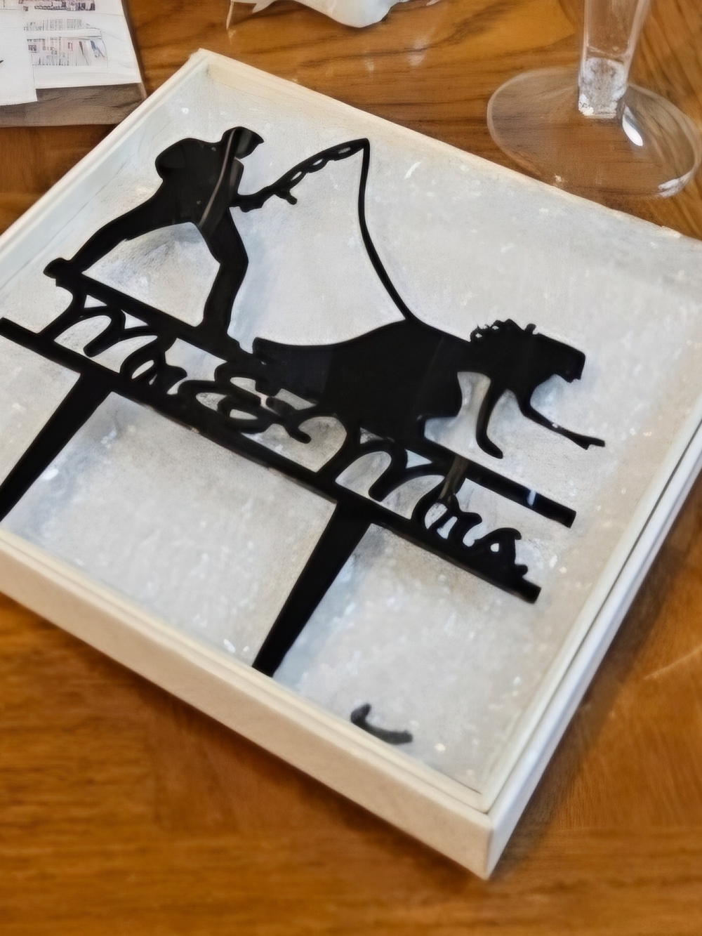 Black Cake Topper - Fisherman & Dog Silhouette